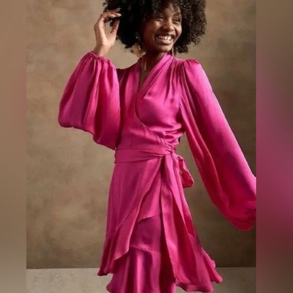 Banana Republic Bright Peony Satin Ruffle Wrap Dress small - Picture 10 of 16